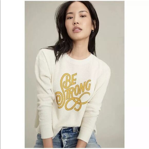 Anthropologie Novia Jonatan Be Strong Thermal Graphic Top Sz S Ivory Waffle Knit - Picture 1 of 9